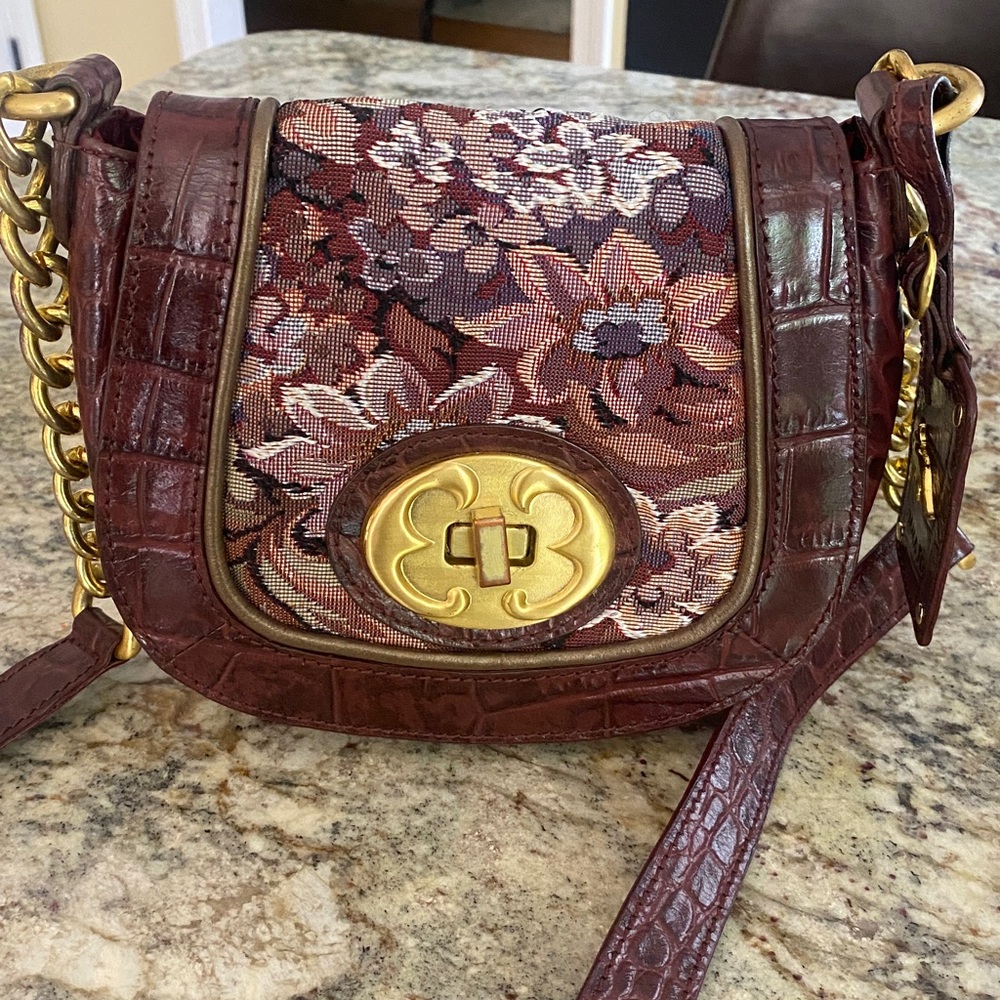 Emma Fox Floral Tapestry and leather Crossbody Bag with Gold Accents